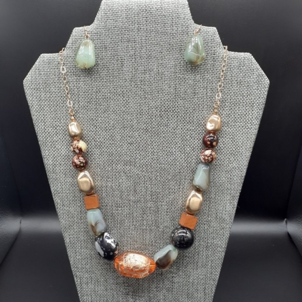 Colorful Gemstone Chunky Statement Necklace & Earrings Set NWOT